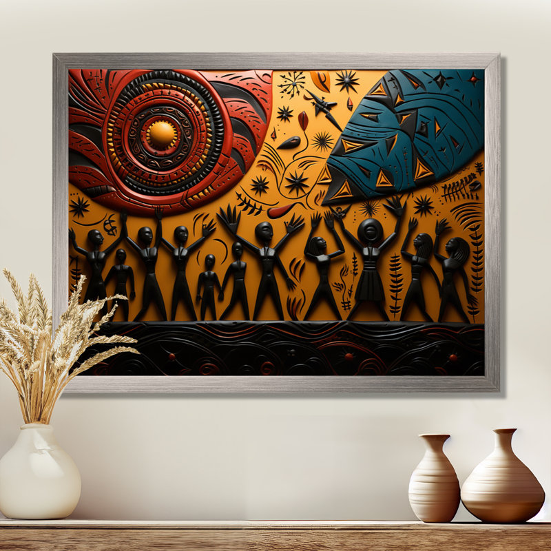 Khobi Tribal africain Rhythms IX - art tribal africain sur toile, H 12 po x l 20 po x P 1 po, Encadrement argenté