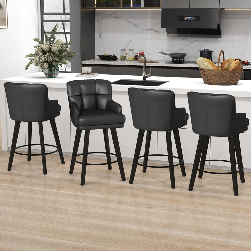 26''H Upholstered 360°Swivel Counter Height Bar Stools, Wood Legs Kitchen Island Chairs, Black, 4
