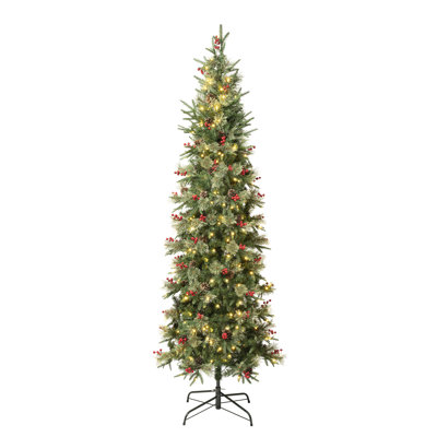7.5ft Pre-lit Feel Real Appalachian Pine Slim Mixed Christmas Tree with Berries and Pinecones with 260 Warm White LED Lights