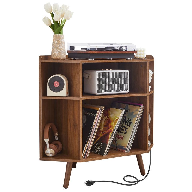 Corner Record Player Stand With Charging Station, Walnut