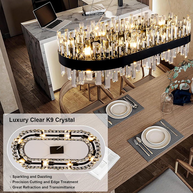 Maebh 35.4" Luxury Dimmable Crystal Chandelier, Modern Matte Black Square/Rectangle Dining Room Chandeliers