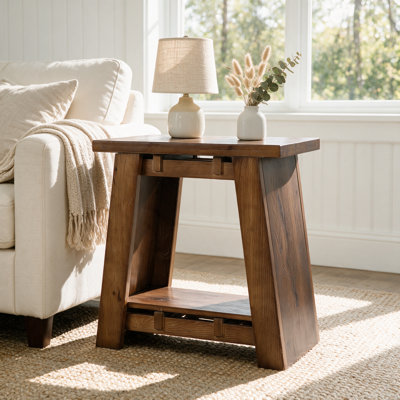 Solid Wood End Table with Open Storage Shelf, Farmhouse Side Table for Living Room & Bedroom