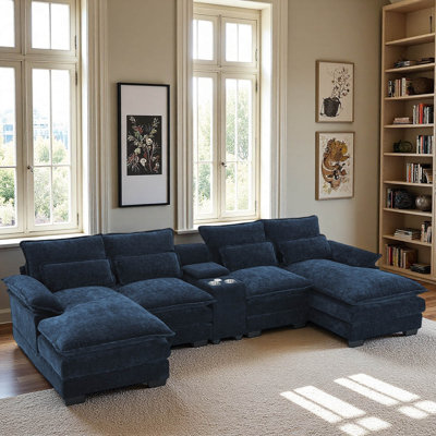 Canapé modulaire en U de 123 x 55 po avec console, porte-gobelets et chargeur USB, mobilier d'intérieur symétrique à 6 places, canapé en chenille confortable avec méridienne pour salon, appartement
