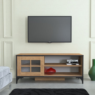 Modern TV Stand with Metal Legs, Oak Color, 49.2 x 21.3 x 16.5 inches | 100% Melamine Coated Particle Board, Thickness: 0.7 inches | Stylish and Functional Design for Living Room & Entertainment Spaces