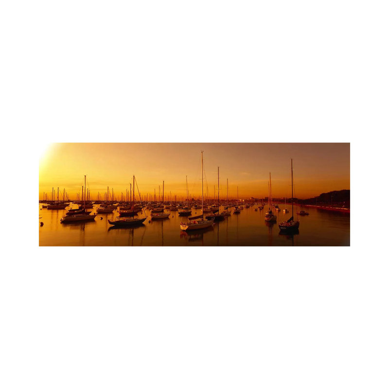 Boats Moored at a Harbor at Dusk, Chicago River, Chicago 1 Piece Wrapped Canvas Panoramic Wall Art
