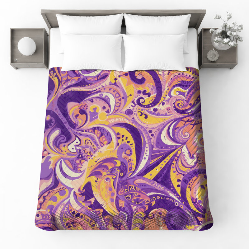 Couvre-lit matelassé mauve à motif cachemire jaune , Lit simple
