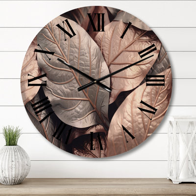 Gold Pink Leafs Harmony I - Floral Oversized Wood Wall Clock