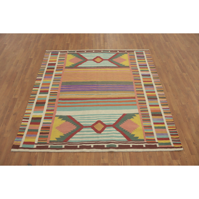 Tapis carré rayé en laine Kilim 7 x 7
