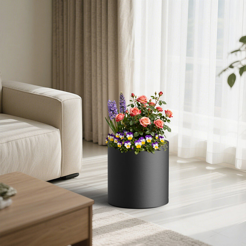 16 in. Large Matte Black(Upgraded Interior) Concrete Tall Round Planter / Pot Cylindrical Planter with Drainage Hole
