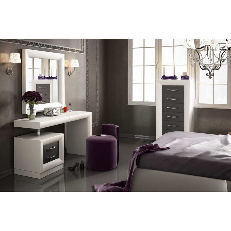 Ensemble de coiffeuse pour la chambre à coucher avec miroir Kirkwood, Blanc / Gris foncé mat