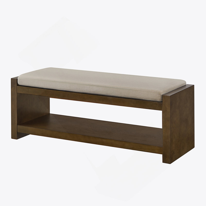 47" Accent Bench With Lower Shelf Shoe Rack, Padded Seating Bench For Living Room, Modern Compact Bed End Bench With Storage For Bedroom Seating, Removable Cushion,  47"W- Granite- Linen