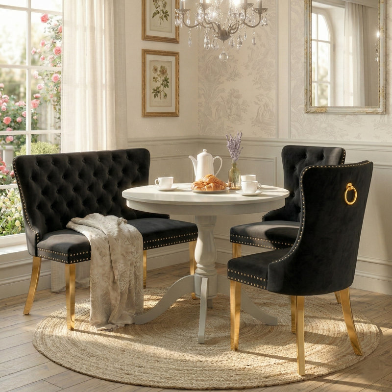 Ensemble de coin repas 3 pièces avec banc capitonné et chaises de salle à manger rembourrées, Doré, Noir, Doré