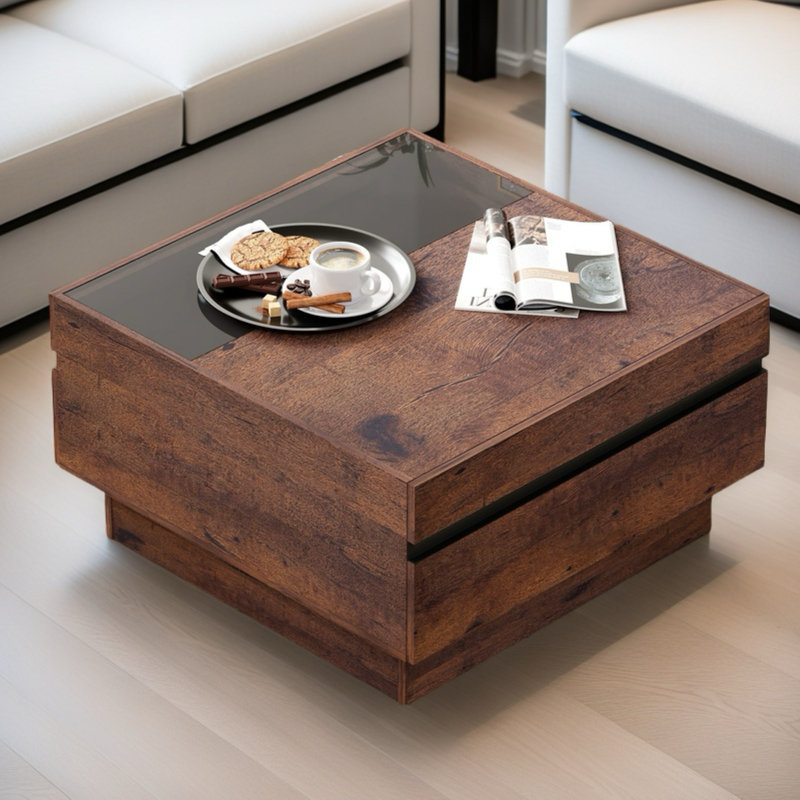 Aadam Modern Coffee Table, Square Living Room Coffee Table With Tempered Glass Top And Two Large Storage Drawers