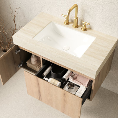 Meuble-lavabo de 36 po avec plateau en pierre frittée, lavabo en céramique 3 trous, armoire de rangement en contreplaqué flottant, tiroir et porte, pré-assemblé, imperméable, chêne blanc beige, lavabo à système de fermeture en douceur,