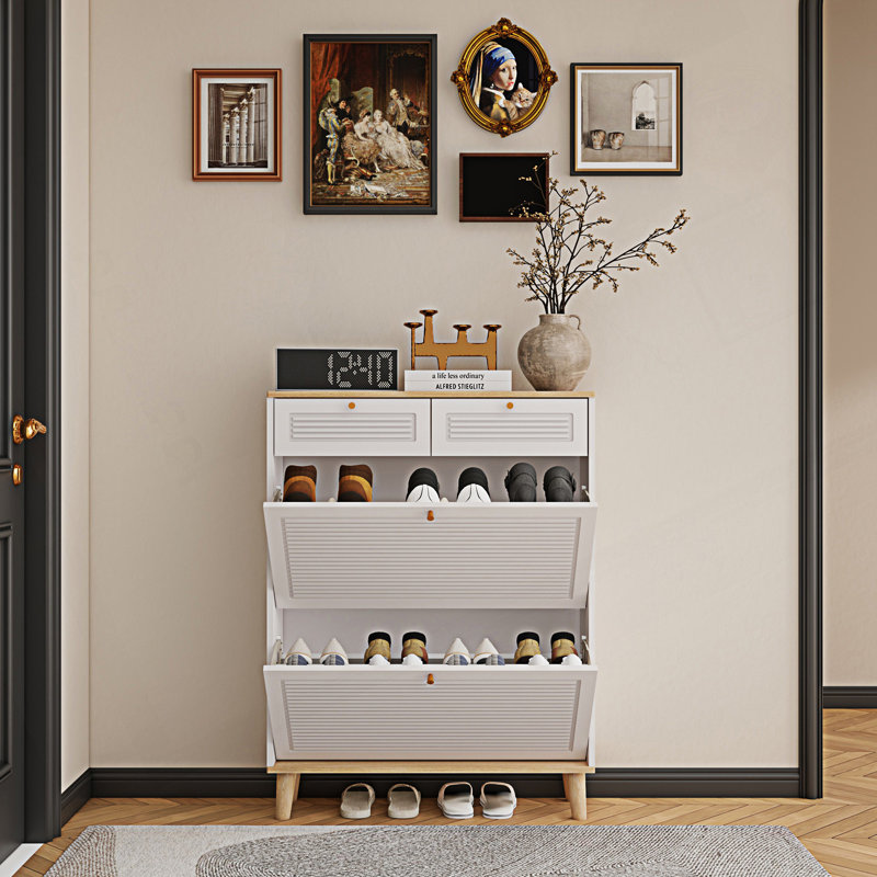 Armoire décorative, armoire à chaussures avec 2 portes rabattables et 2 tiroirs, armoire à chaussures étroite