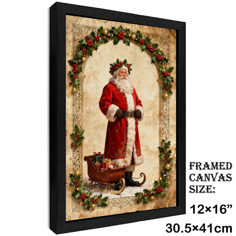 Art mural rétro noir de Noël avec père Noël - décorations festives classiques encadrées, H 17 po x l 13 po