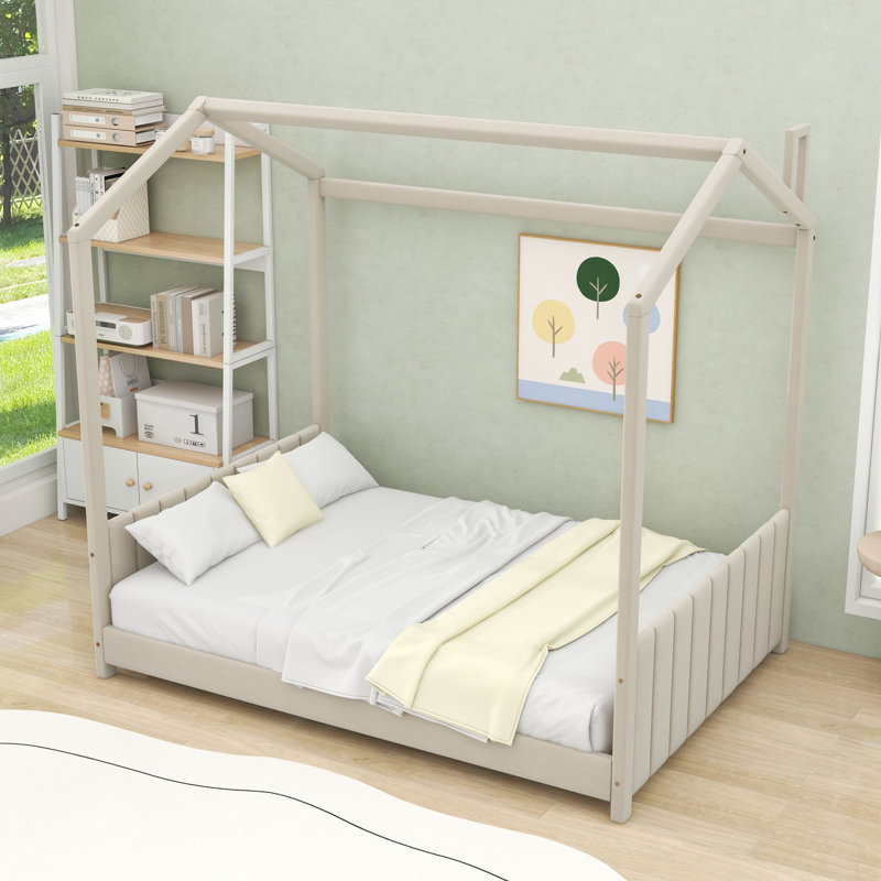 Lit en velours avec maisonnette et lattes, Beige, Double