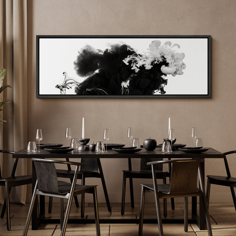 Toile abstraite abstraite à l'encre noire et blanche encadrée, Noir