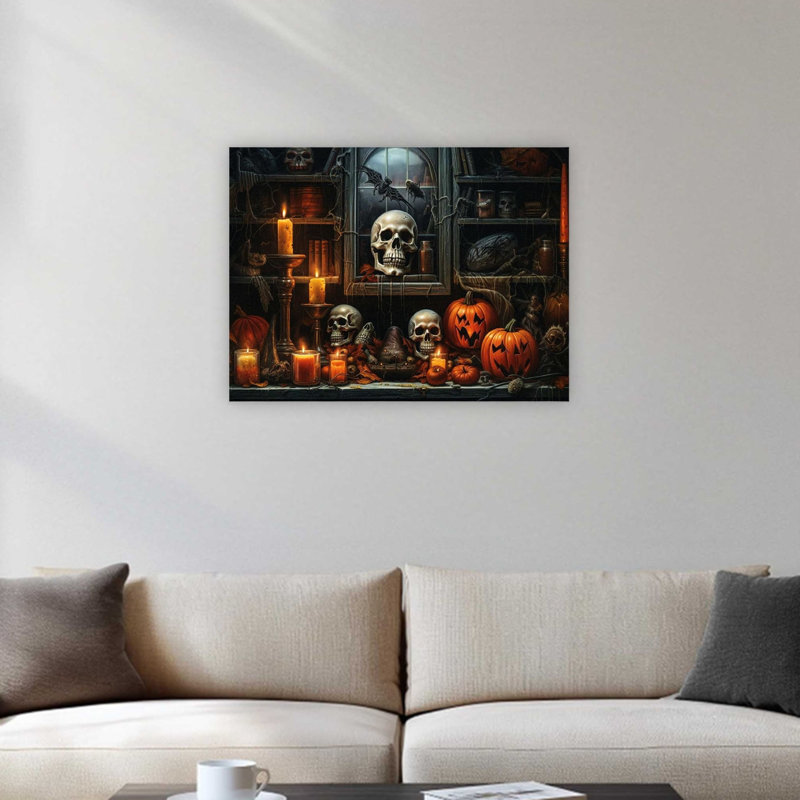 Art mural noir sur toile citrouille effrayante d'Halloween noir et orange, décoration moderne de qualité supérieure, 24 x 32 po