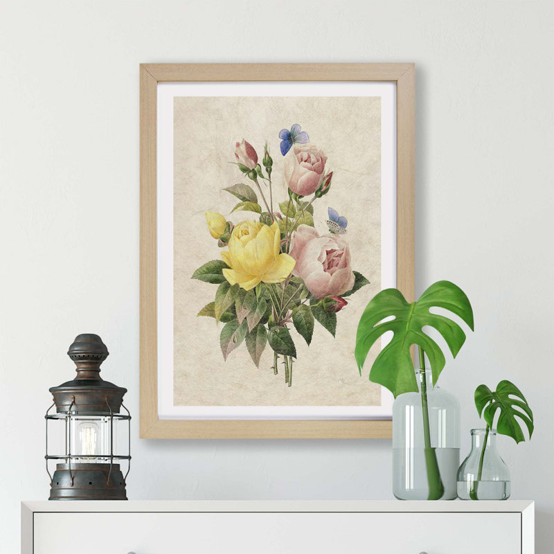 Roses & Butterflies by Pierre - Joseph Redoute - Framed Print, 45cm H x 63cm W x 2cm D, Oak