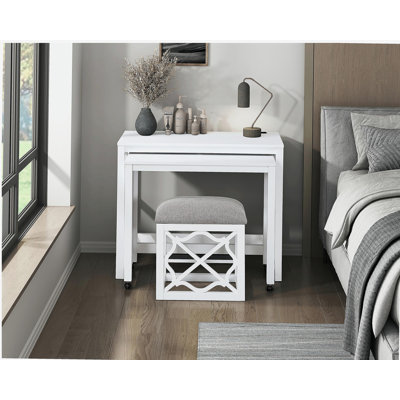 3-Piece White Surface Treatment Dining Table and Chair Set, with Rolling Table, 2 Charging Ports, Home Office Furniture