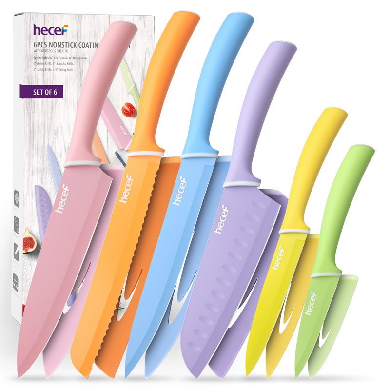 Ensemble de couteaux de cuisine 6 pièces avec gaines Hecef - Acier inoxydable à revêtement coloré antiadhésif, poignées ergonomiques, lavable au lave-vaisselle