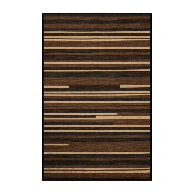Tapis brun à rayures horizontales lavable à la machine, Rectangulaire 7 pi x 10 pi