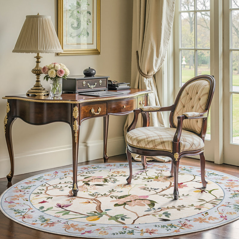 Chinoiserie Carpet Vintage Floral Rug Washable Non-slip Beige/Blue, Round 7', Beige/Blue