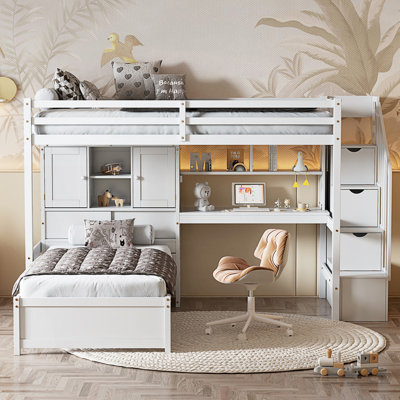 Lit mezzanine simple au-dessus de simple avec bureau intégré et escalier
