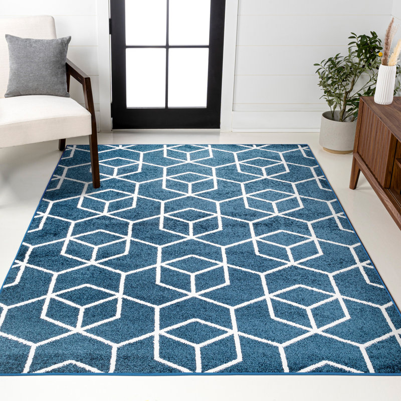 Tapis bleu marine / blanc Mashawna Blocks, Rectangle de 5 pi x 8 pi
