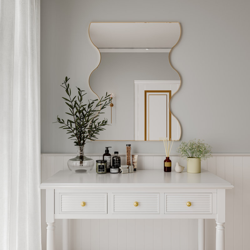  Miroir de meuble-lavabo mural 30 po x 35 po rectangulaire, cadre en métal doré avec côtés ondulés pour salle de bain, salon, chambre à coucher, doré
