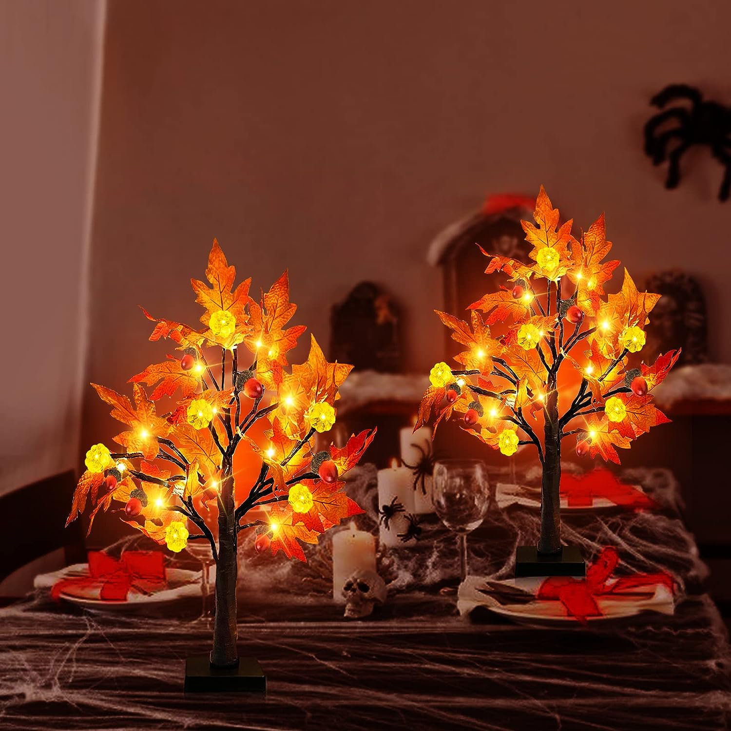 The Holiday Aisle® 2 Pack 22 Inch Prelit Lighted Maple Tree Fall Decor Fall Tree 48 Leds Battery Operated 12 Exclusive Patent Pumpkins 12 Acorns Orange Red Maple Tree Thanksgiving Halloween Decor Ind...
