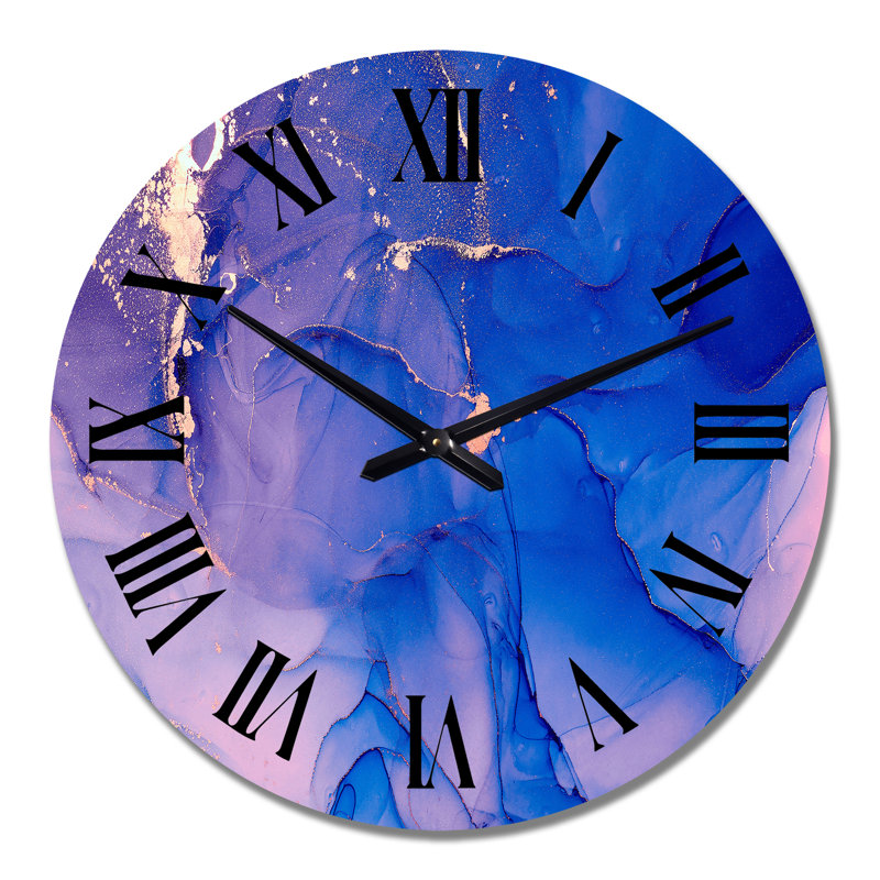 Horloge murale moderne bleu et rose avec nuages d'encre de marbre IV, Grand