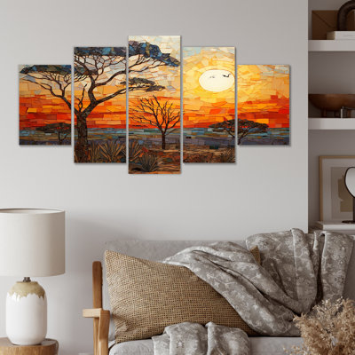 Savannah Sunset In African Safari Hues I - Boho Mosaic Multipanel Wall Art Canvas