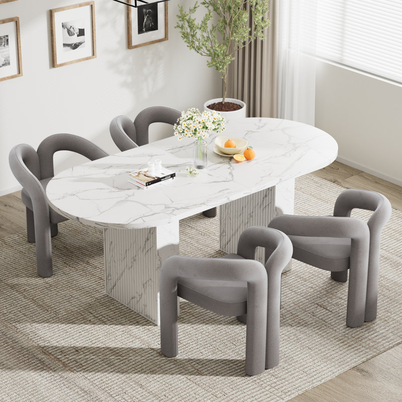 62.9inch Modern Oval Dining Table Set, White, 5 Pieces: Table, 4 Chairs, Gray
