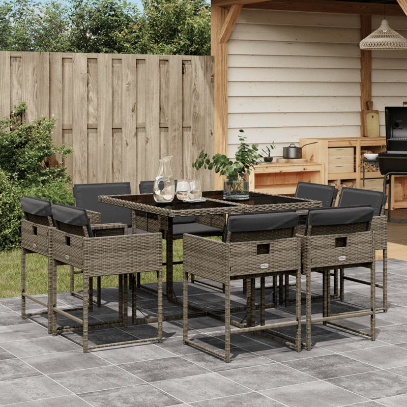  Ensemble repas 9 pièces pour patio avec coussins en rotin de polyester gris, Gris, Gris foncé