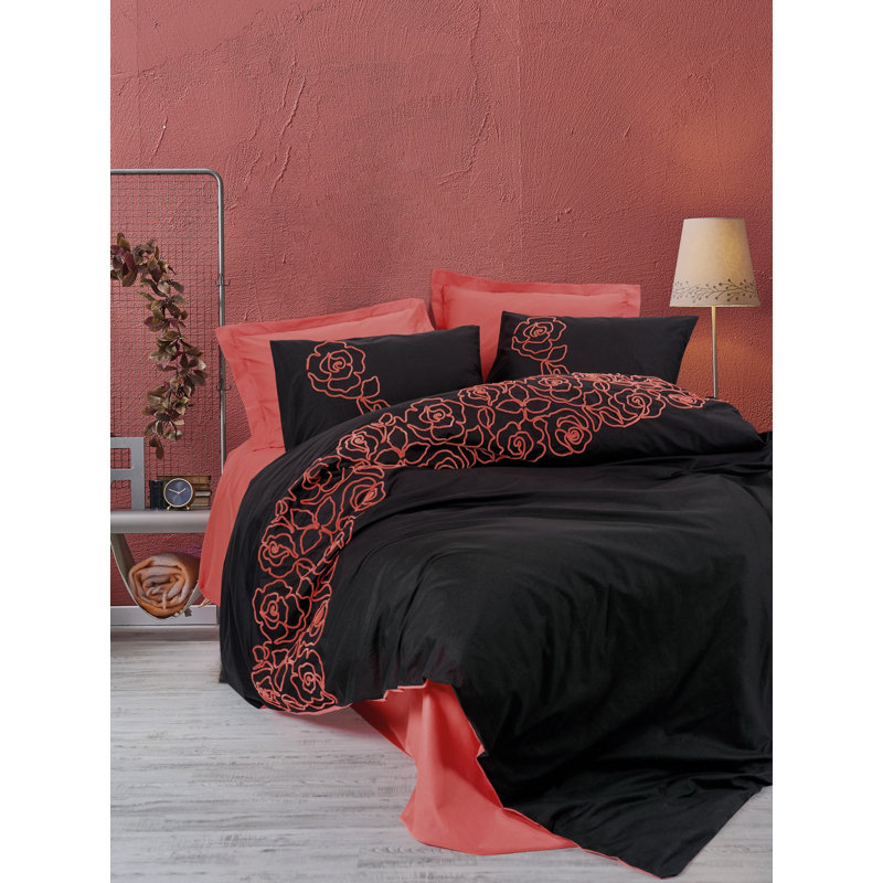 Ensemble de housse de couette luxueuse double, couleur corail, 79 po x 87 po | 100% coton Ranforce, 145 fils | Comprend 2 taies d'oreiller et 2 taies d'oreiller Oxford | Lavable à la machine avec fermeture à boutons et enveloppes