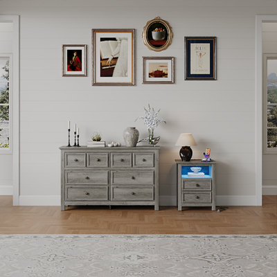 2 Piece Bedroom Dresser Set - 8 Drawer Dresser And 2 Drawer Nightstands With Charging Station&led,gray Wash