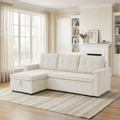 Upholstered L-Shape Beige Corduroy Space-Saving Sleeper Pull-Out Sofa With Hidden Storage