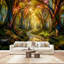 Papier peint adhésif pelez et collez, vitrail, forêt vibrante, arbres colorés colorés, art mural auto-adhésif et amovible-129024394