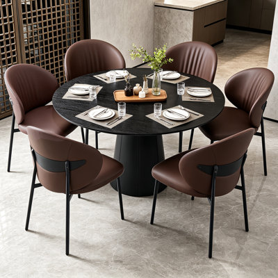 Modern Brown Faux Leather Dining Chairs Set of 6, Curved Back & Metal Frame for Kitchen,Easy Assembly