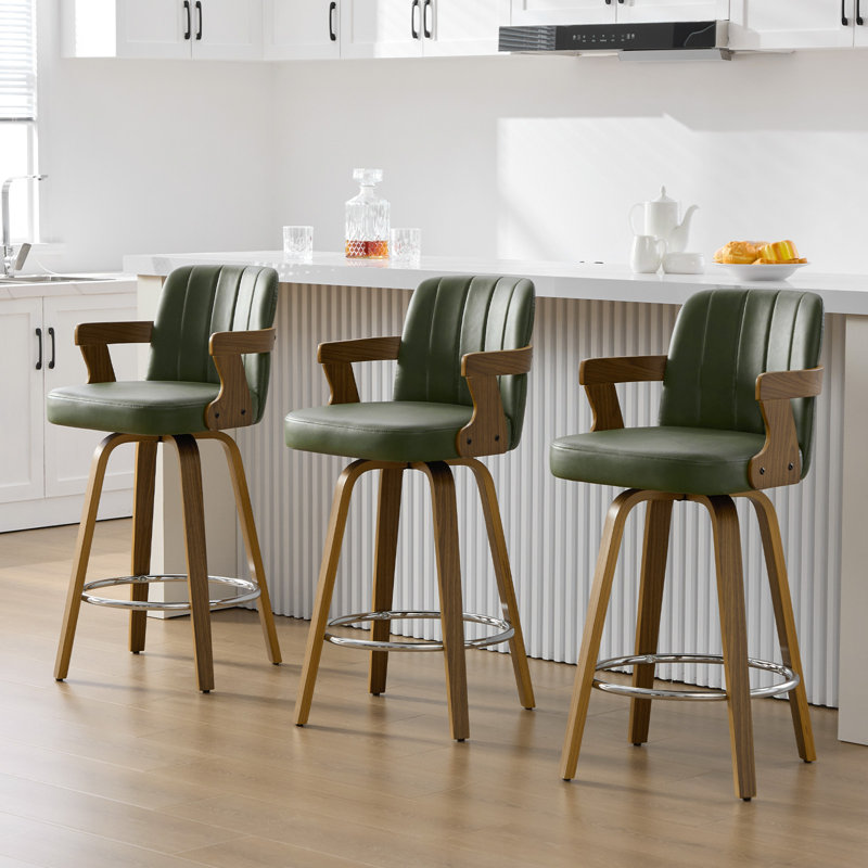 Upholstered Swivel Counter & Bar Stool with Armrest (Set of 3), Counter Stool (26" Seat Height), Dark Green
