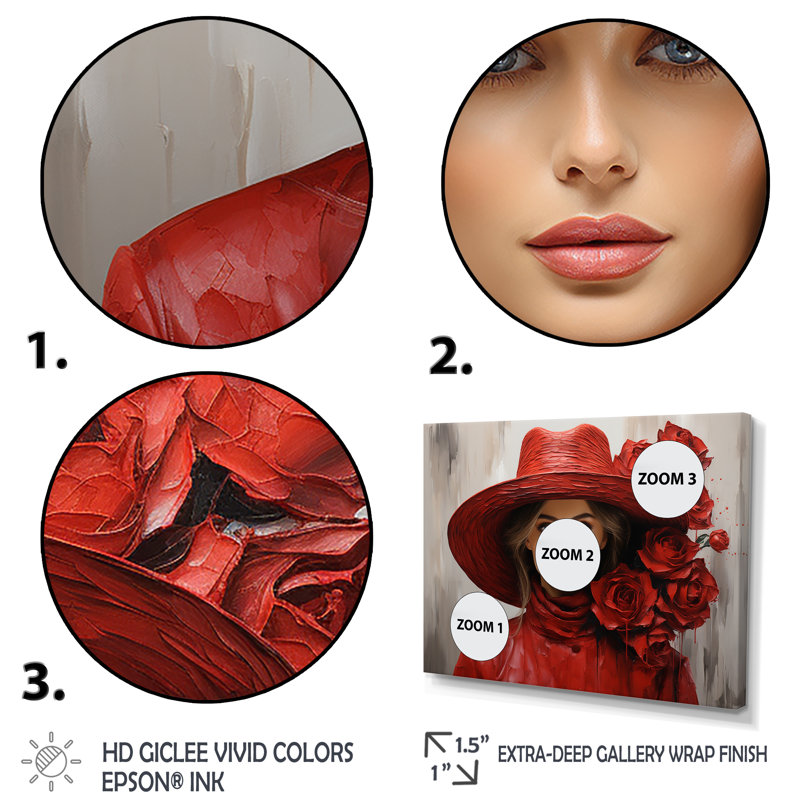 «Red Hat Fashion Rose Woman», art sur toile tendance, H 16 po x l 32 po x P 1 po, Cadre flottant noir