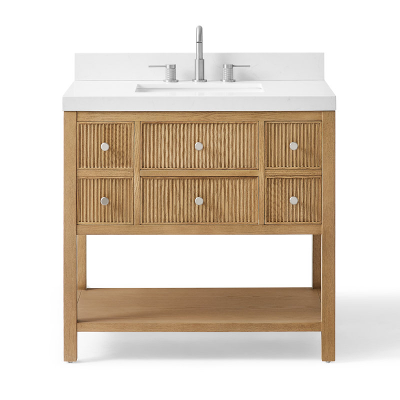 Quartz Single Vanity with Ceramic Sink, Natural Oak, 36"
