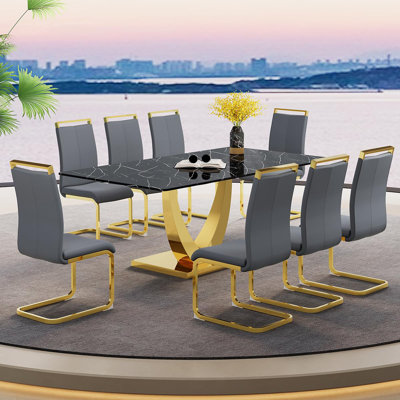 8-Person Dining Set,71" Glass Dining Table With Gold Legs & PU Leather Chairs
