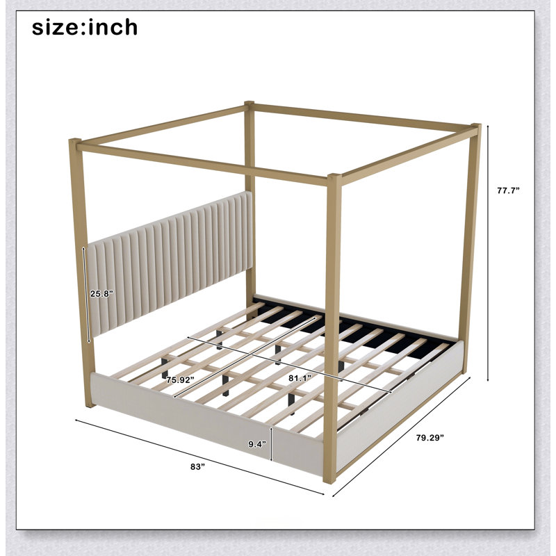 Upholstery Canopy Platform Bed With Headboard And Metal Frame, Beige, Très grand lit