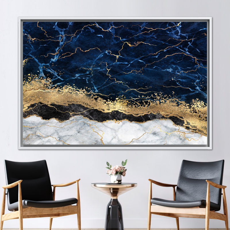 Œuvre d'art abstraite et moderne sur toile avec motif de marbre à l'encre alcool bleu marine et or, H 41 po x l 94 po, Blanc