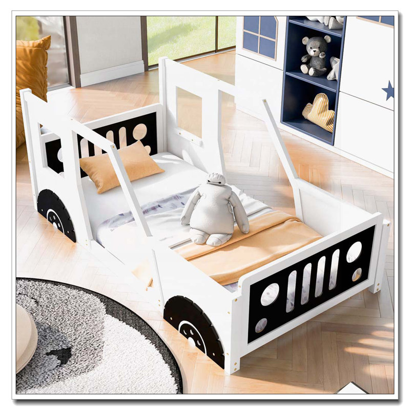 Car-Shaped Platform Bed with Wheels, White