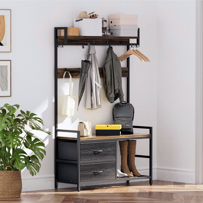 Arbre d'entrée de 33,1 po de largeur avec 2 tiroirs mobiles, rangement pour chaussures, tablettes et supports à vêtements, banc d'entrée 5 en 1 avec 23 crochets (fixes et mobiles)