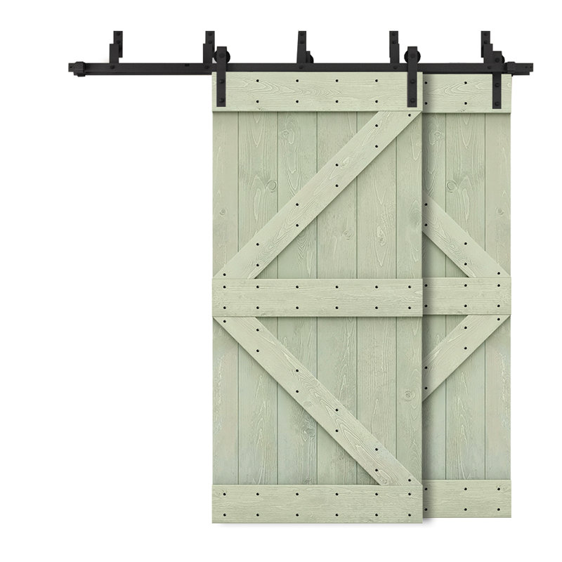 Porte de grange à panneaux et en bois avec quincaillerie d'installation, 42 po x 84 po, Vert sauge, Café foncé